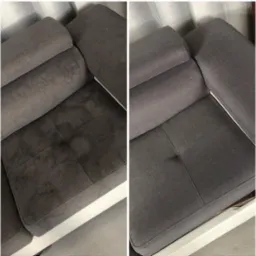 Porównanie: Zabrudzona i wyczyszczona, szara kanapa z tapicerką materiałową, widok z góry, usługa prania tapicerki w Poznaniu.