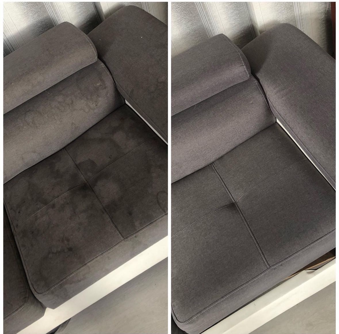 Porównanie: Zabrudzona i wyczyszczona, szara kanapa z tapicerką materiałową, widok z góry, usługa prania tapicerki w Poznaniu.