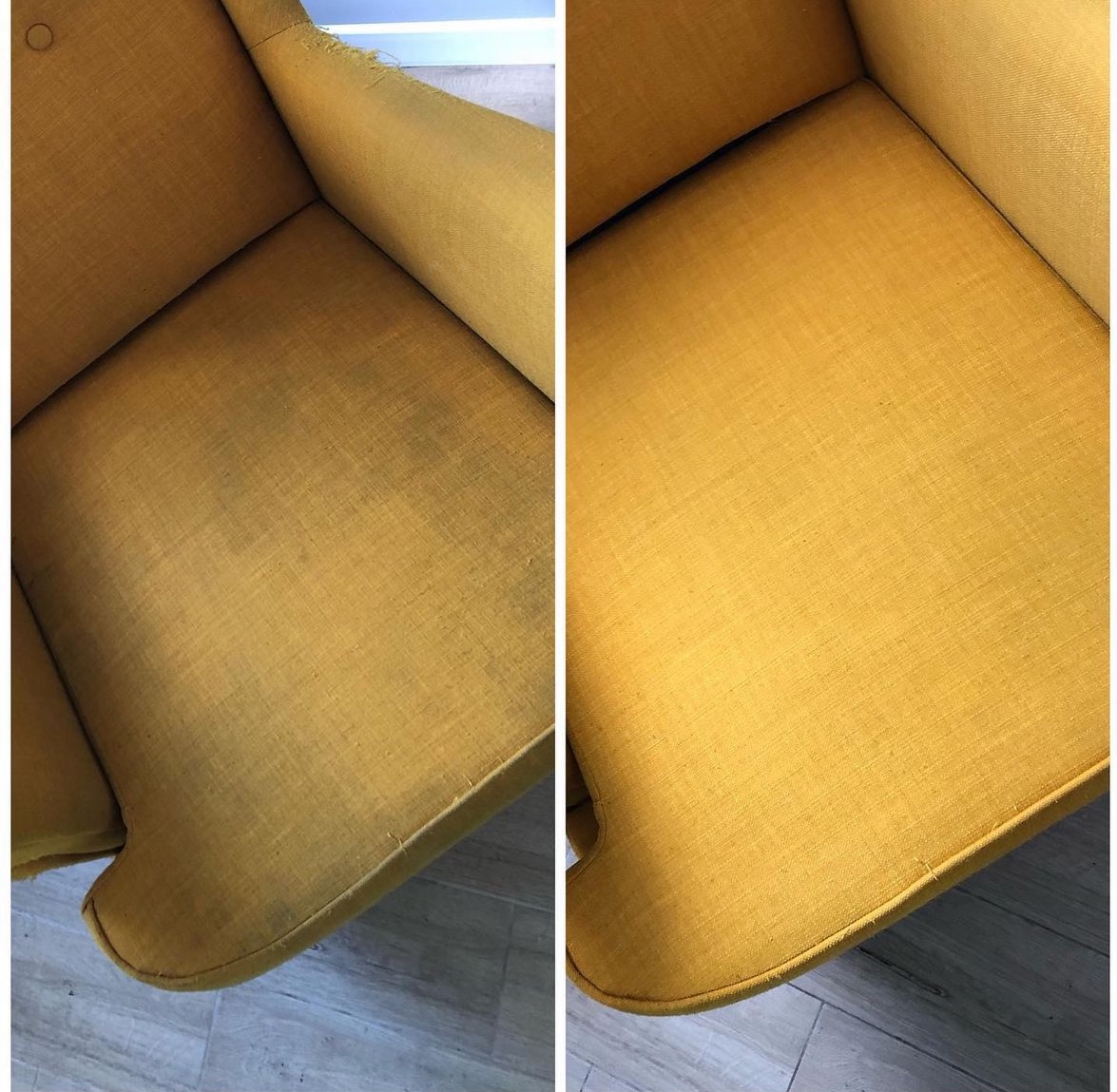 Żółty fotel z tkaniny, widok z góry, podzielony na dwie części: lewa strona pokazuje zabrudzoną powierzchnię, prawa strona fotela po czyszczeniu, z widoczną poprawą koloru i usunięciem plam.