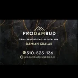 Wizytówka firmy remontowo-budowlanej PRODAMBUD Damiana Gralaka na tle marmuru z złotymi żyłami, z numerem telefonu i adresem e-mail.