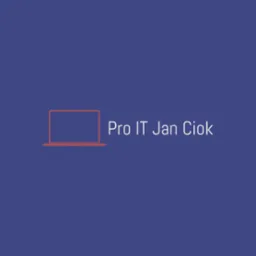 Logo firmy Pro IT Jan Ciok z pomarańczową ikoną laptopa na niebieskim tle.