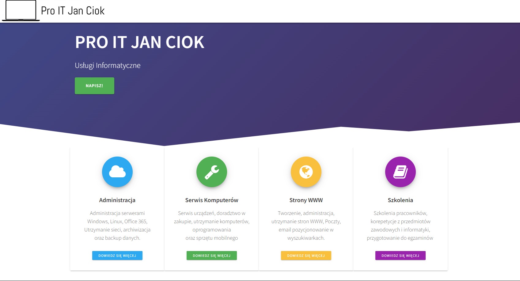 Strona internetowa firmy Pro IT Jan Ciok prezentująca usługi informatyczne: administracja serwerami, serwis komputerów, tworzenie stron WWW i szkolenia.