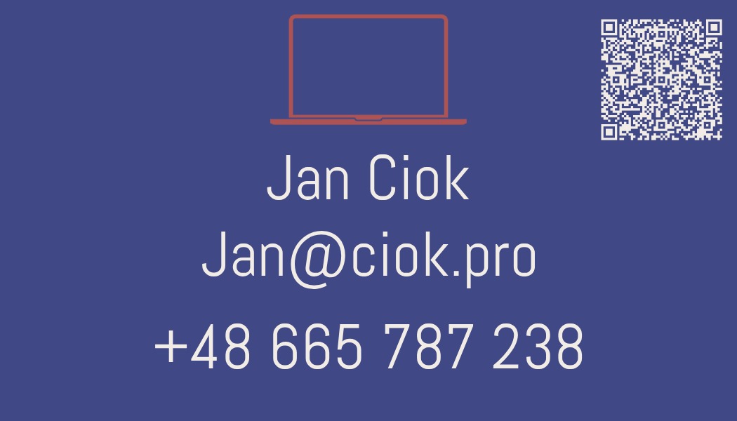 Wizytówka z grafiką laptopa, adresem e-mail jan@ciok.pro, numerem telefonu +48 665 787 238 oraz kodem QR na fioletowym tle.
