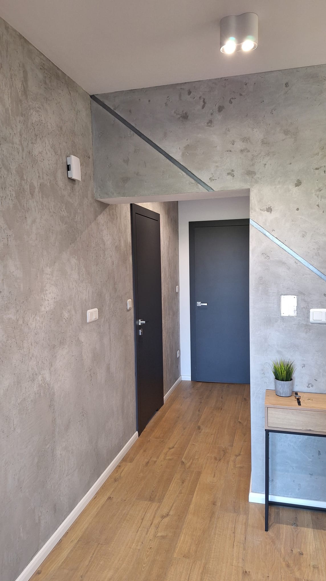 Korytarz z podłogą z paneli, ścianami w stylu betonu architektonicznego z dekoracyjnymi listwami, dwiema ciemnymi drzwiami i minimalistyczną konsolą z rośliną.