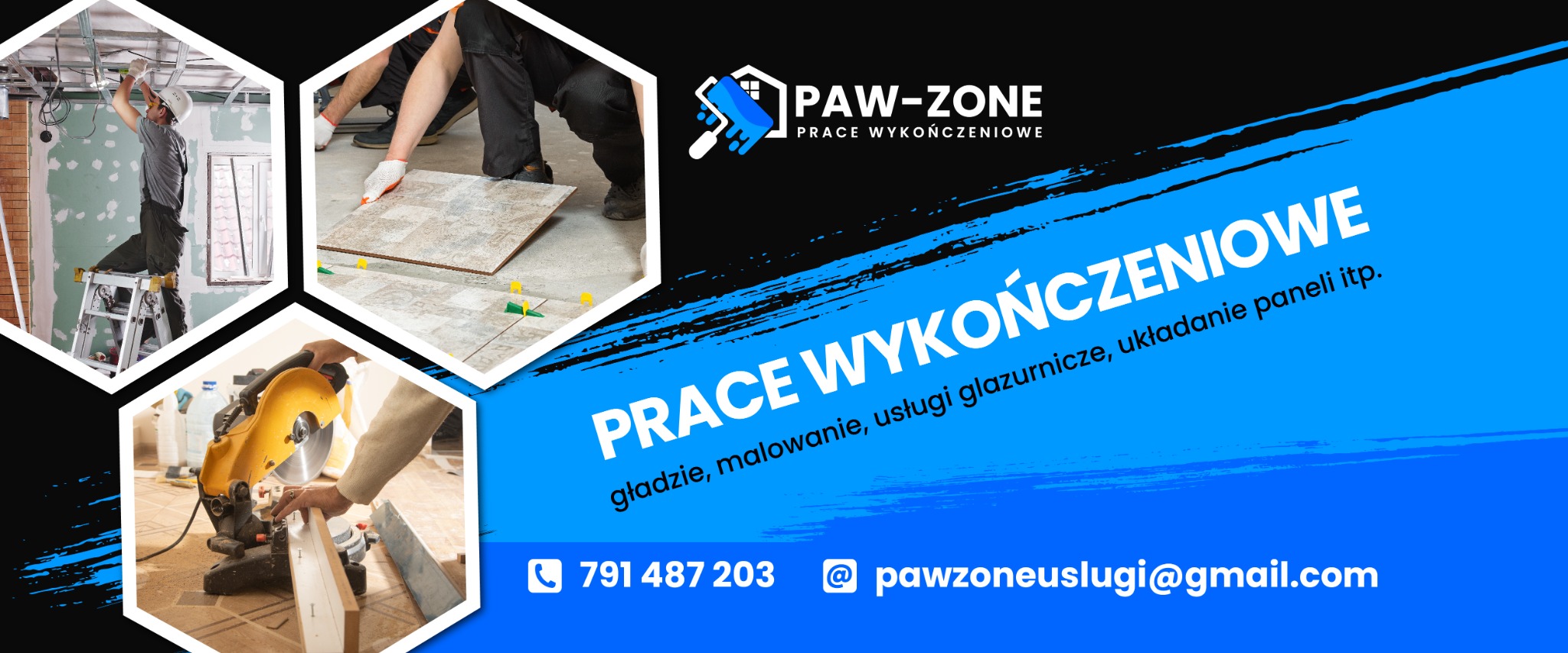 Prace wykończeniowe PAW-ZONE: montaż gładzi, układanie płytek podłogowych, cięcie paneli. Reklama usług remontowych.