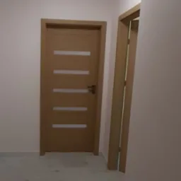 Wnętrze po odświeżeniu: widok na dwie zamontowane, drewniane drzwi z poziomymi przeszkleniami, jasne ściany i podłoga, oświetlenie sufitowe.