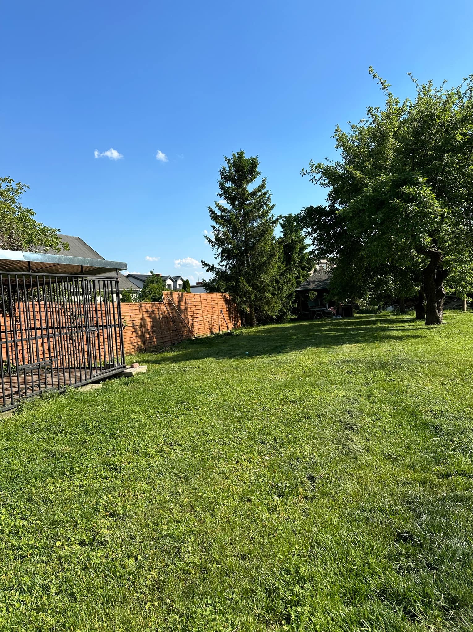 Rozległy trawnik z widocznym ogrodzeniem z brązowych paneli, klatka dla psa po lewej stronie, drzewa iglaste i liściaste w tle, błękitne niebo z lekkimi chmurami.