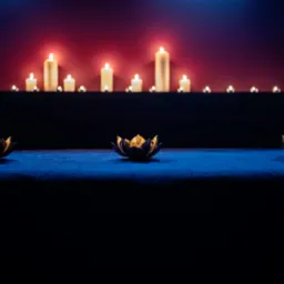 Przyciemnione wnętrze gabinetu relaksacyjnego z leżanką, na której umieszczono trzy dekoracyjne lampiony w kształcie kwiatu lotosu, w tle rząd zapalonych świec na półce podświetlonej czerwienią.