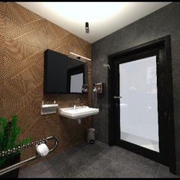 MegaBuD Viacheslav Sapko - Nowoczesna łazienka z drewnianą ścianą o geometrycznym wzorze, umywalką i dużym lustrem. Minimalistyczny design z roślinami i szarymi płytkami.