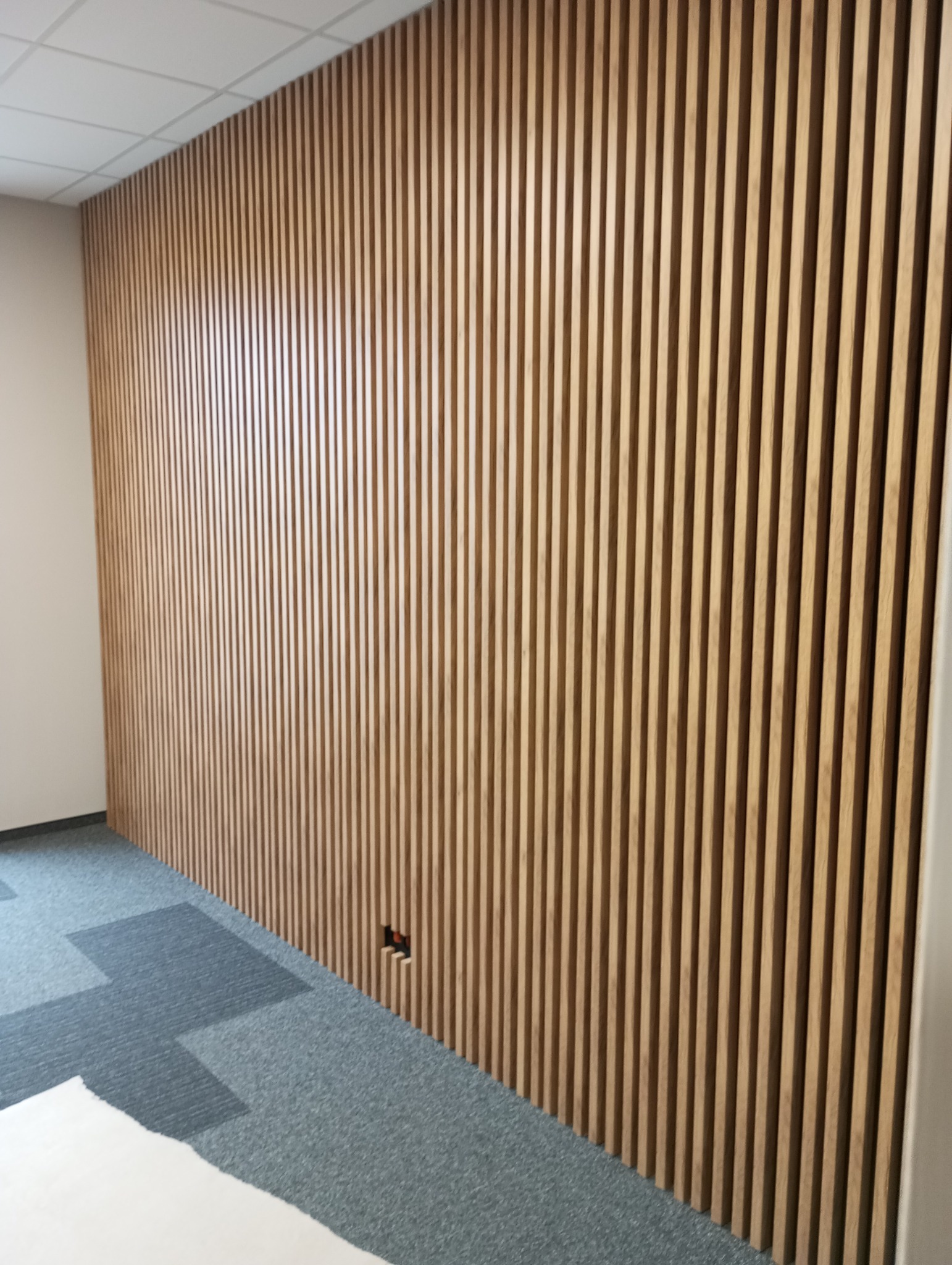 Drewniana ściana lamelowa z widocznym gniazdkiem elektrycznym, na tle szarej wykładziny dywanowej i fragmentu białej ściany. Dekoracyjne wykończenie wnętrza.