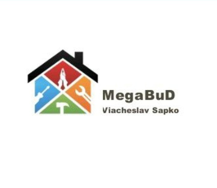 Kolorowe logo firmy MegaBuD z ikonami narzędzi (wkrętak, kombinerki, klucz, młotek) w kształcie domu. Nazwa firmy i imię Viacheslav Sapko po prawej stronie.