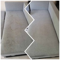 A-Z Cleaning - Szara kanapa modułowa, widok z góry, z wyraźnym podziałem na część zabrudzoną plamami i część po czyszczeniu, ukazującą efekt usługi.