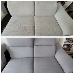 A-Z Cleaning - Porównanie: górny kadr - jasnoszara kanapa z widocznymi plamami i zabrudzeniami na siedzisku; dolny kadr - ta sama kanapa po czyszczeniu, bez plam, z odświeżonym kolorem.