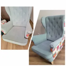 Porównanie fotela typu uszak przed i po czyszczeniu, widoczne różnice w odcieniu i plamach na tapicerce, wzór z sowami na bokach.