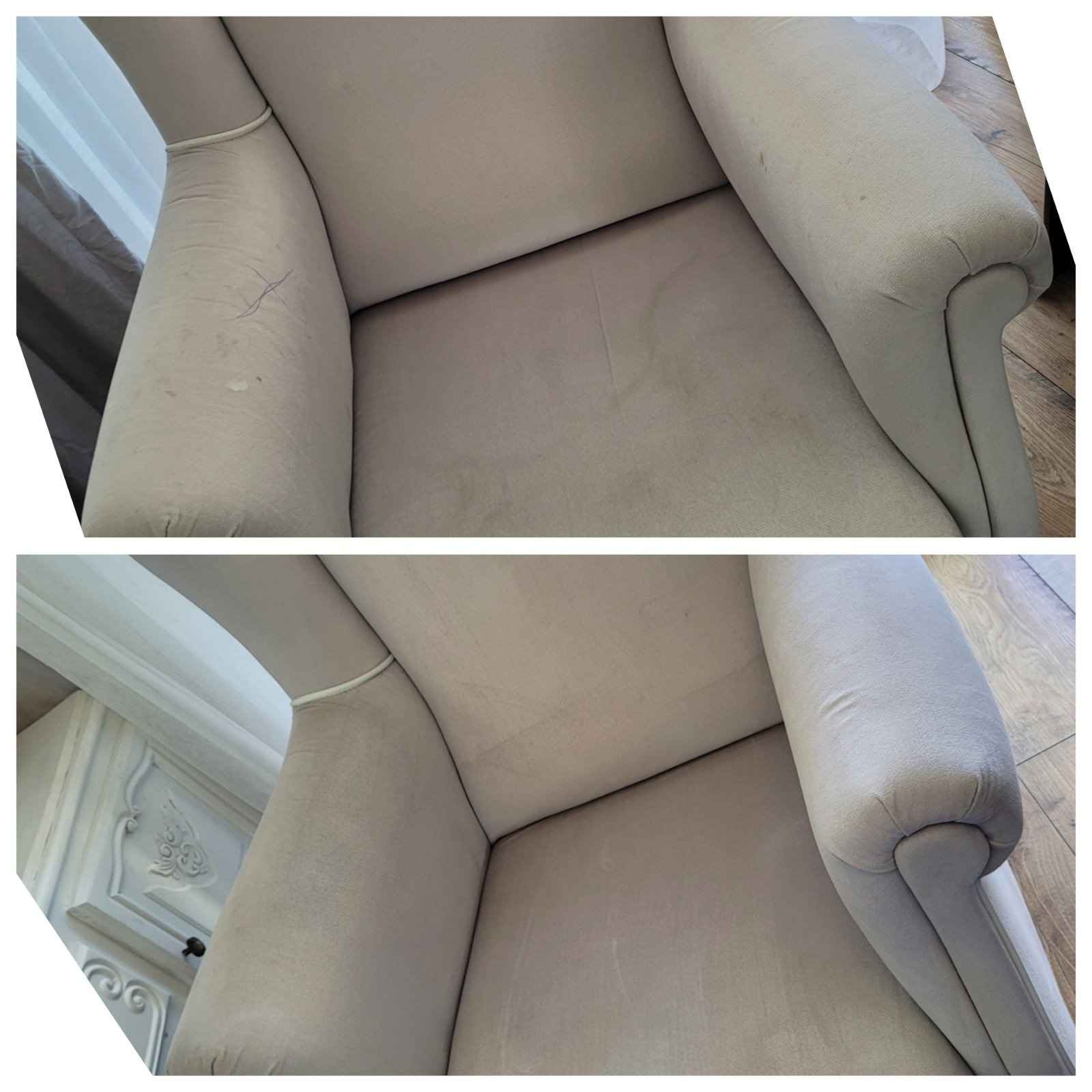 Kadr z góry przedstawia fotel z beżową tapicerką w dwóch ujęciach: górne pokazuje zabrudzenia na podłokietniku i siedzisku, dolne ukazuje ten sam fotel po czyszczeniu, z widoczną różnicą...