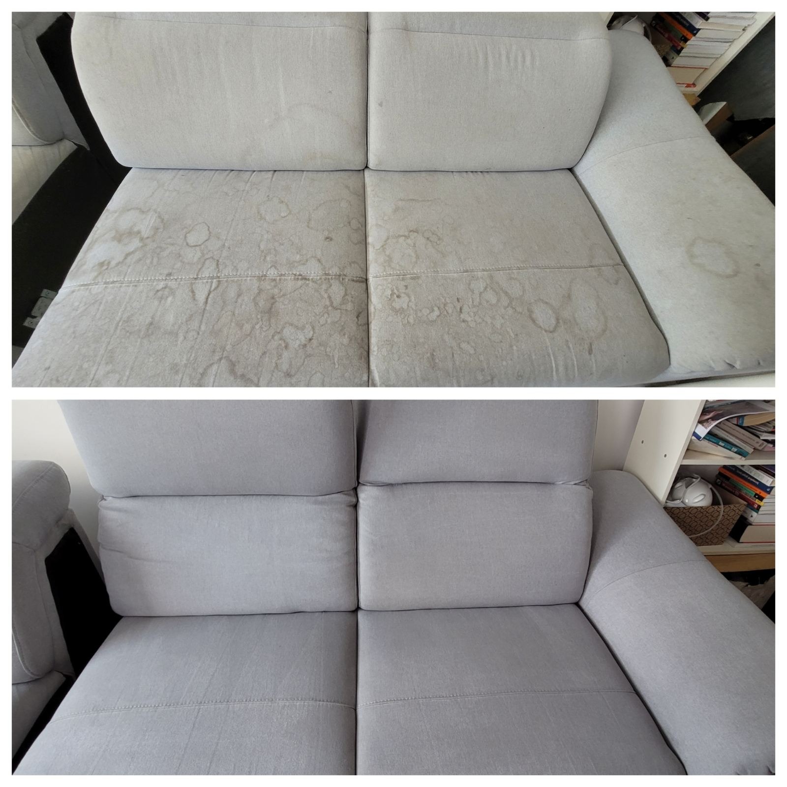 Porównanie: górny kadr - jasnoszara kanapa z widocznymi plamami i zabrudzeniami na siedzisku; dolny kadr - ta sama kanapa po czyszczeniu, bez plam, z odświeżonym kolorem.