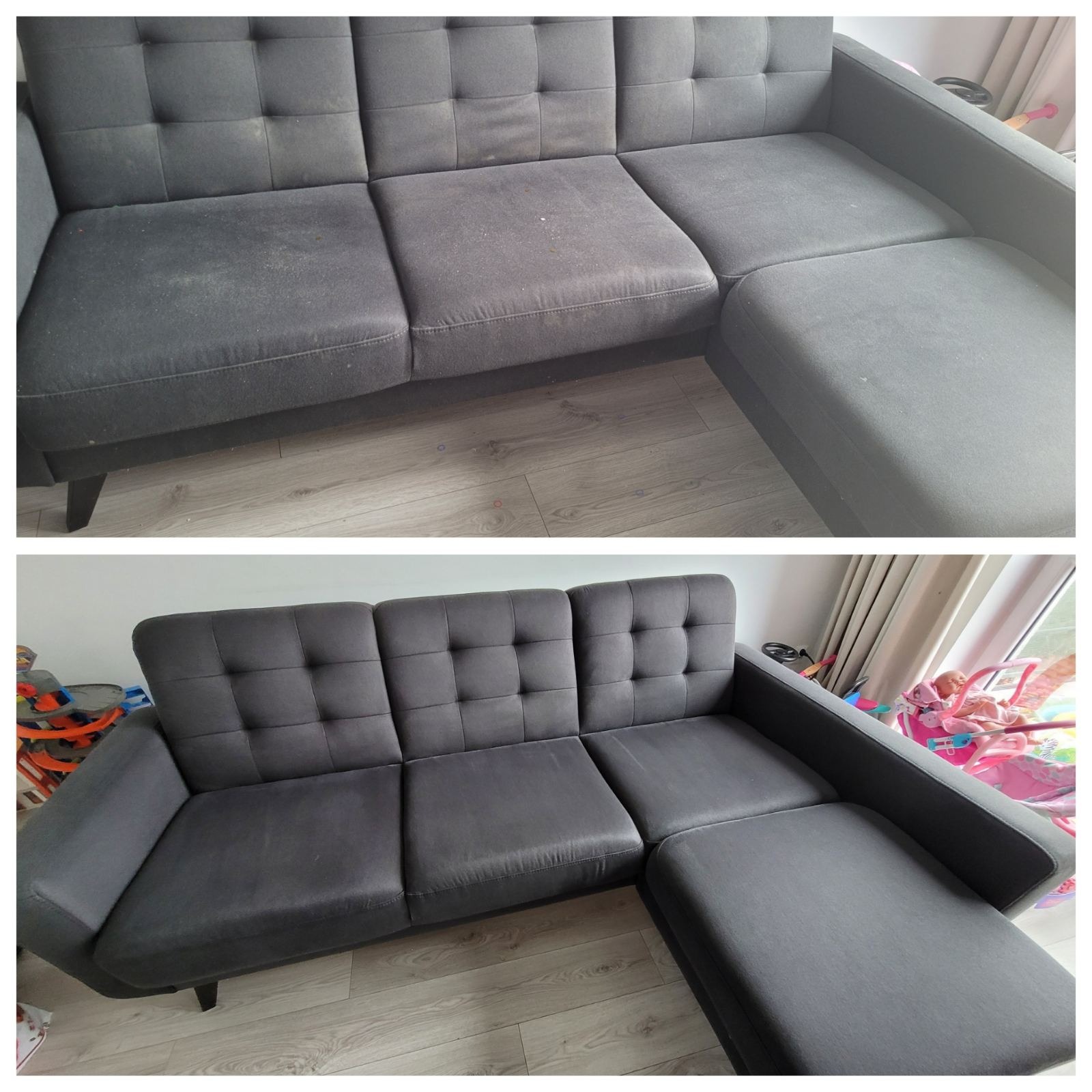 Zdjęcie przedstawia sofę modułową w odcieniach szarości przed i po czyszczeniu, ukazując różnicę w wyglądzie i czystości tapicerki