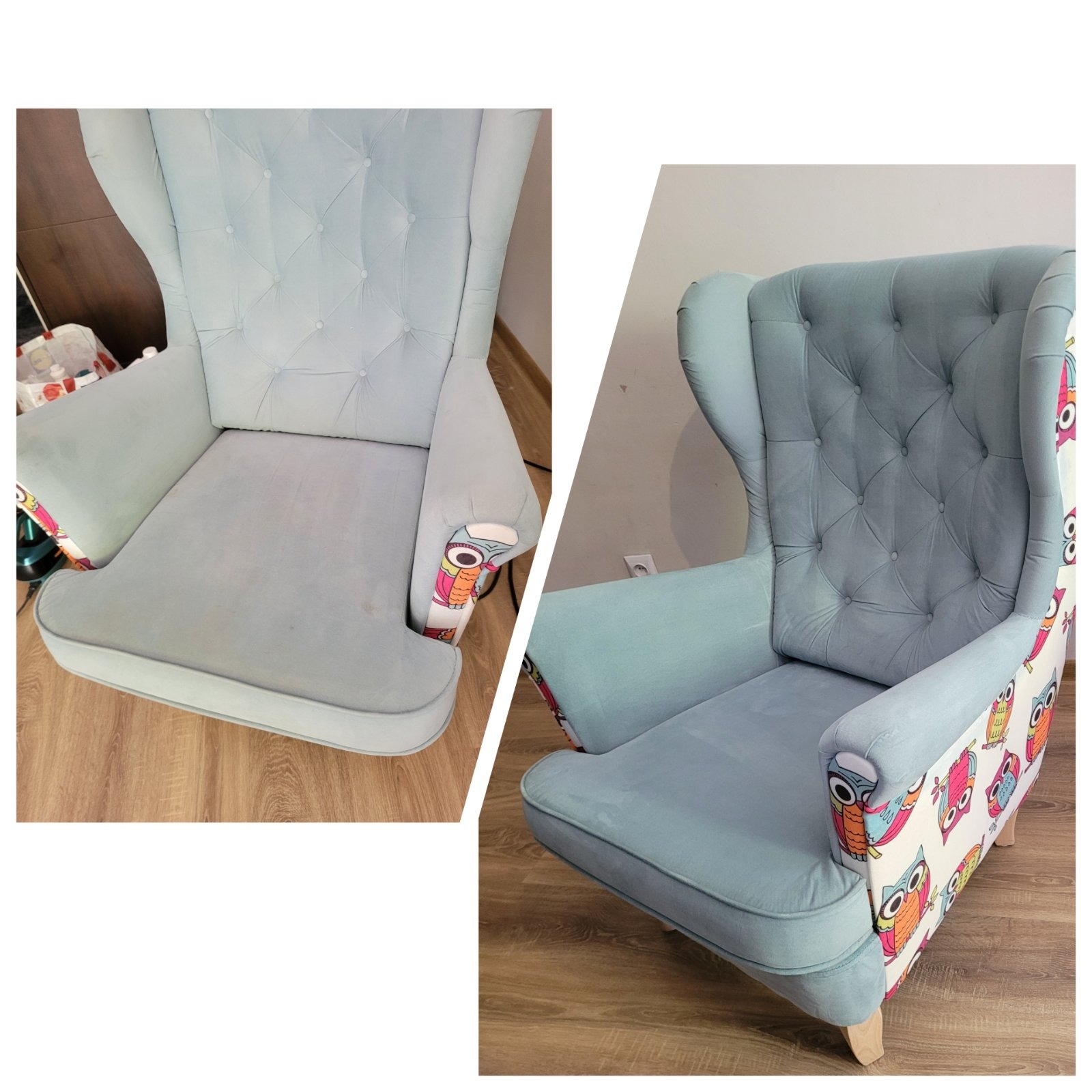 Porównanie fotela typu uszak przed i po czyszczeniu, widoczne różnice w odcieniu i plamach na tapicerce, wzór z sowami na bokach.