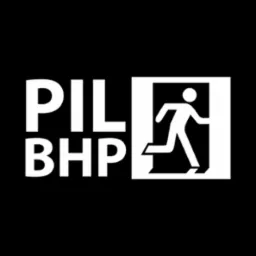Czarno-białe logo PIL BHP z piktogramem postaci biegnącej w prawo przez drzwi.