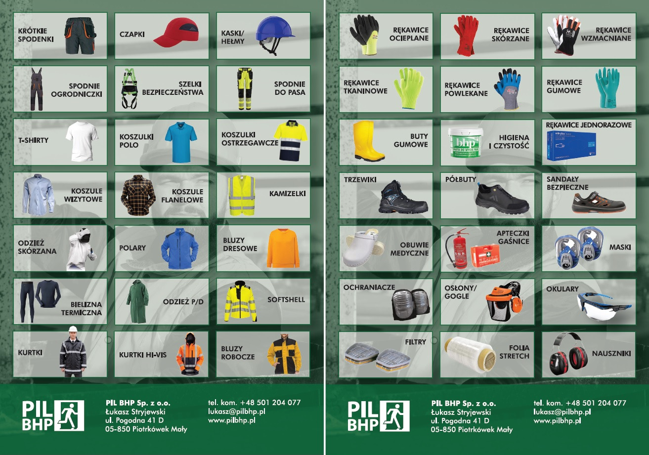 Katalog produktów BHP: odzież robocza, obuwie ochronne, rękawice, kaski, okulary i inne akcesoria, prezentowane w formie graficznej z nazwami kategorii.