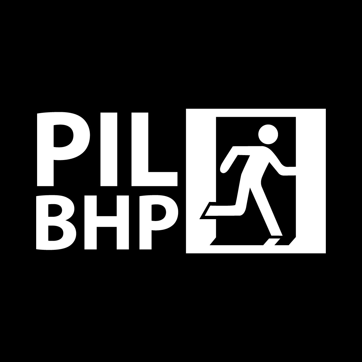 Czarno-białe logo PIL BHP z piktogramem postaci biegnącej w prawo przez drzwi.
