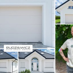 Firma Remontowo Budowlana Marcin Rudziewicz - Jasna, segmentowa brama garażowa w białej elewacji z pilastrami, na tle kostki brukowej. Kolaż produktów firmy z Augustowa, w tym okien i rolet.