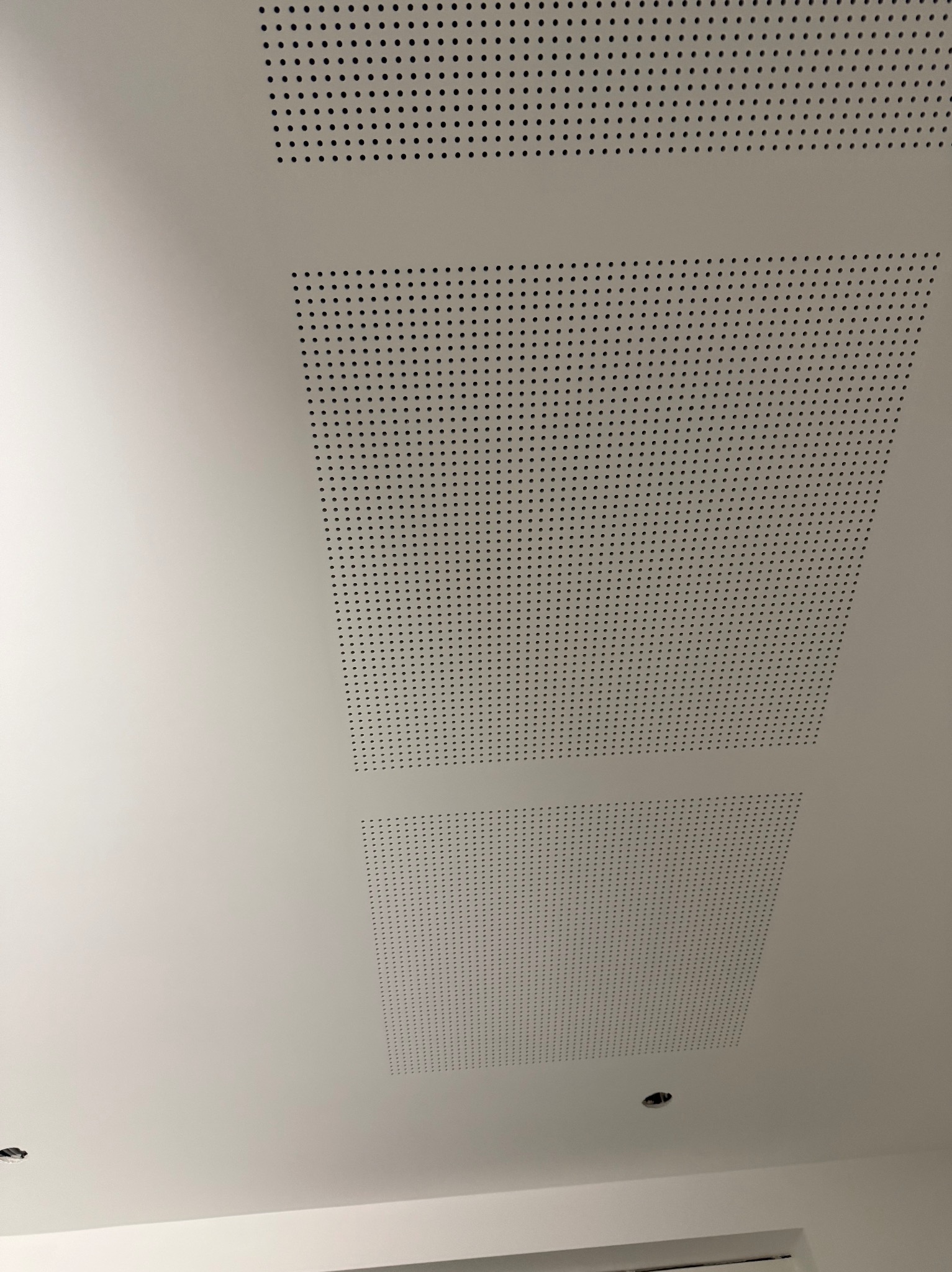 Biały sufit z perforowanymi panelami akustycznymi w kształcie prostokątów, widoczne oświetlenie punktowe. Minimalistyczny design, nowoczesne wykończenie wnętrza.