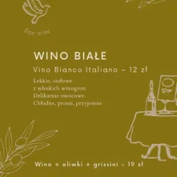 Grafika reklamowa w odcieniach oliwkowej zieleni. Oferta wina białego 'Polano': Vino Bianco Italiano, lekkie, owocowe. Dodatkowo oferta wino, oliwki i grissini.