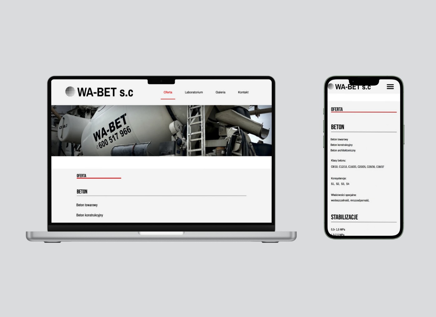 Strona internetowa WA-BET s.c. na ekranie laptopa i smartfona. Oferta betonu towarowego i konstrukcyjnego. Widoczny mikser do betonu.