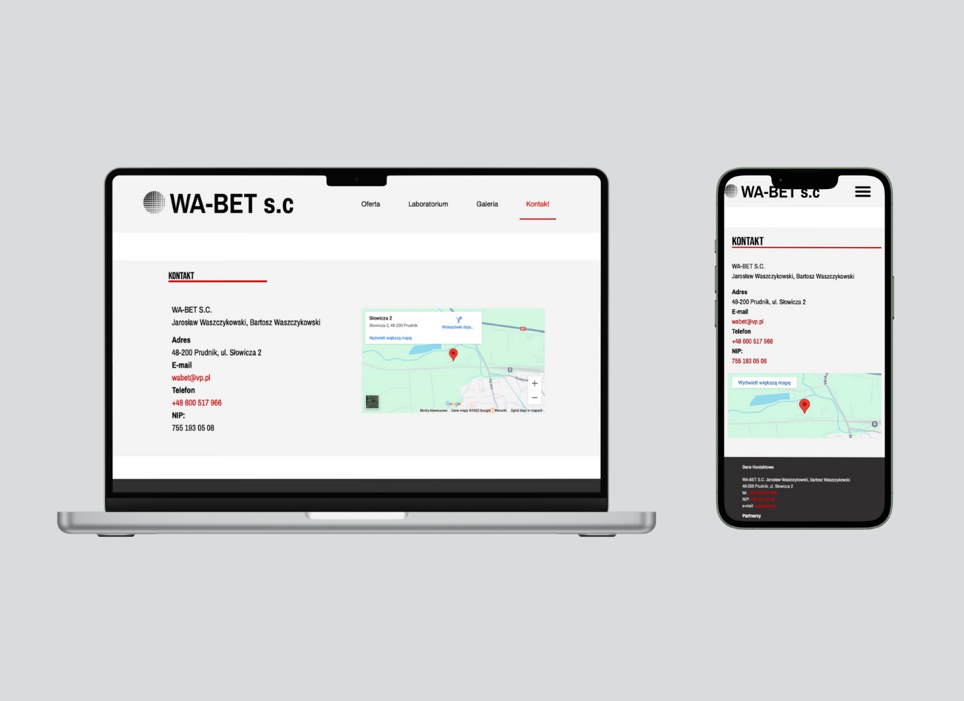 Strona internetowa firmy WA-BET S.C. na laptopie i smartfonie. Sekcja 'Kontakt' z adresem i mapą dojazdu w Prudniku. Widok responsywny na dwóch urządzeniach.