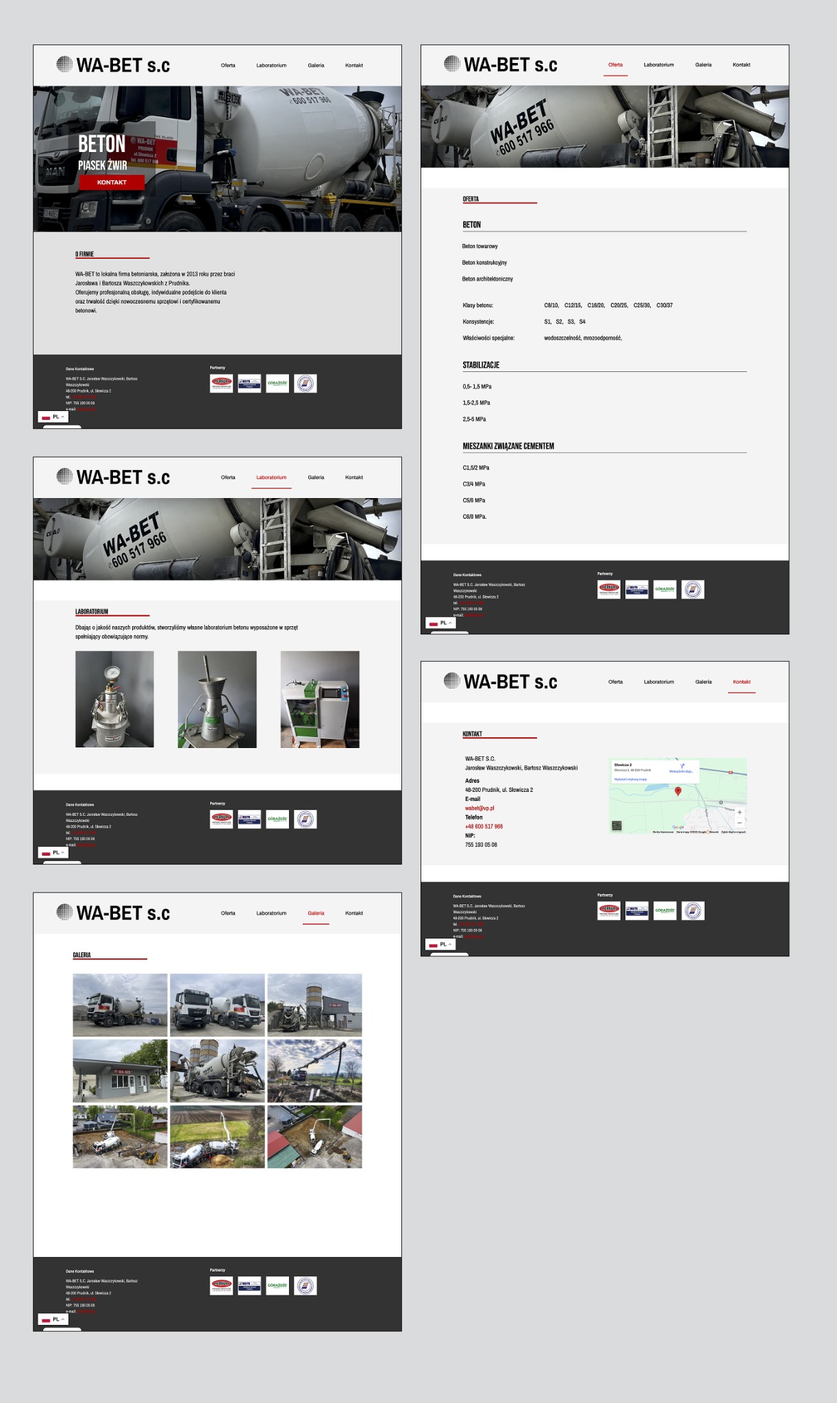 Strona internetowa firmy WA-BET S.C. z ofertą betonu, laboratorium i galerią. Widoczne logo, zdjęcia betonomieszarek i sprzętu laboratoryjnego. Przejrzysty układ.