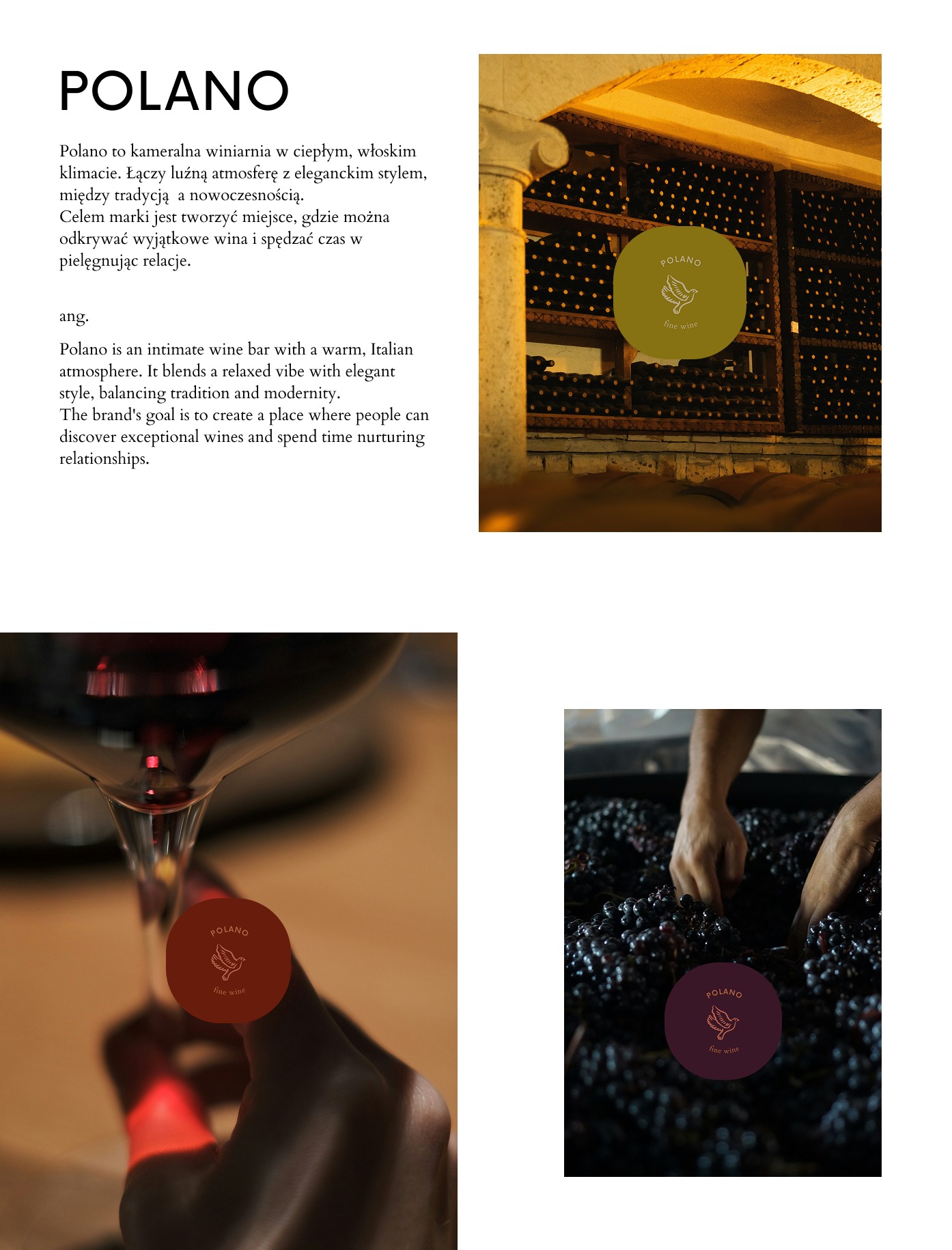 Wizualizacja marki winiarskiej Polano: kadry z winiarni, butelki w piwnicy, kieliszek wina, ręce przy obróbce winogron, logo na każdym ujęciu. Ciepłe światło, włoski klimat.