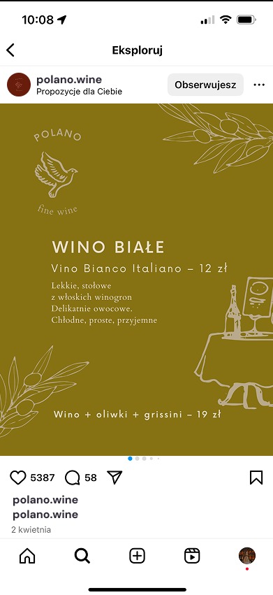 Grafika reklamowa w odcieniach oliwkowej zieleni. Oferta wina białego 'Polano': Vino Bianco Italiano, lekkie, owocowe. Dodatkowo oferta wino, oliwki i grissini.