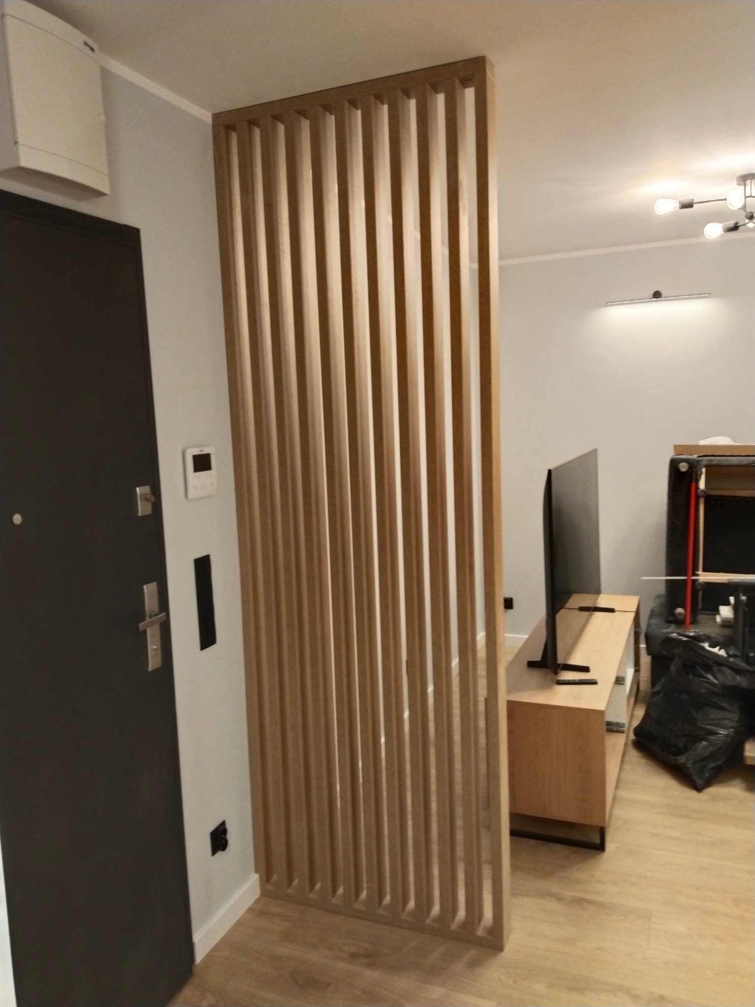 Drewniana ażurowa ścianka działowa w nowoczesnym wnętrzu, widoczny fragment drzwi wejściowych i szafka RTV z telewizorem.