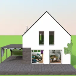 Wizualizacja 3D domu jednorodzinnego z tarasem i pergolą w Łodzi, widok z zewnątrz na salon i kuchnię przez okna.