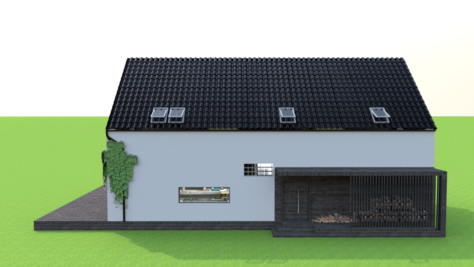 Wizualizacja nowoczesnego domu z białymi ścianami, czarnym dachem z oknami dachowymi, drewnianym tarasem i pergolą, z widocznym drewnem opałowym.