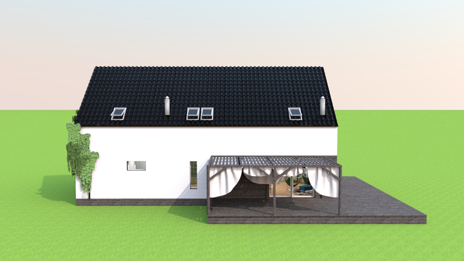 Wizualizacja 3D domu jednorodzinnego z czarnym dachem, białymi ścianami i drewnianą pergolą z białymi zasłonami na tarasie.
