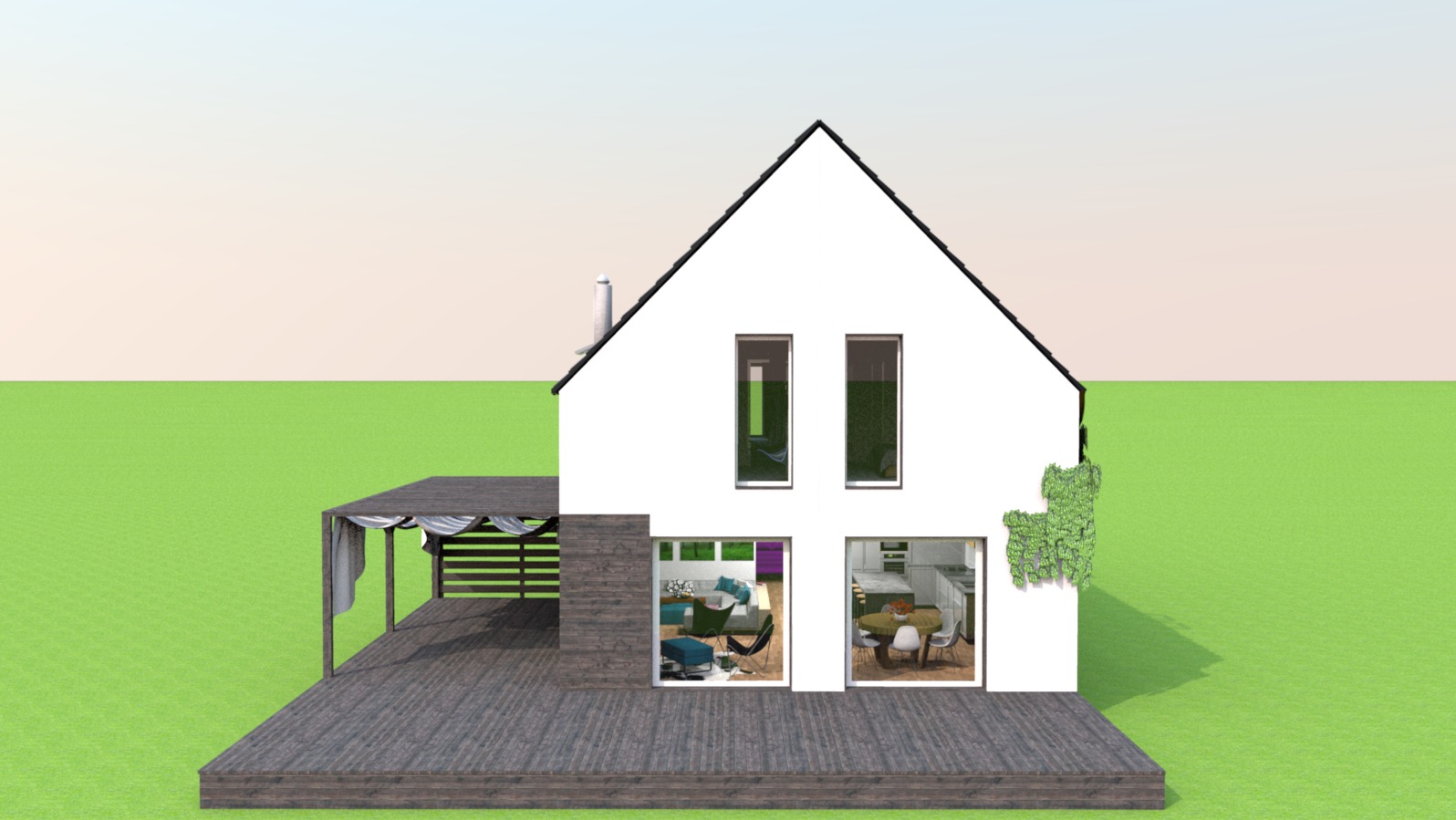 Wizualizacja 3D domu jednorodzinnego z tarasem i pergolą w Łodzi, widok z zewnątrz na salon i kuchnię przez okna.