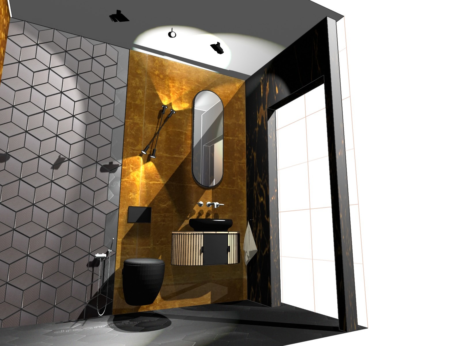 Wizualizacja łazienki z geometryczną mozaiką, złotą ścianą z oświetleniem punktowym, owalnym lustrem i czarną ceramiką.