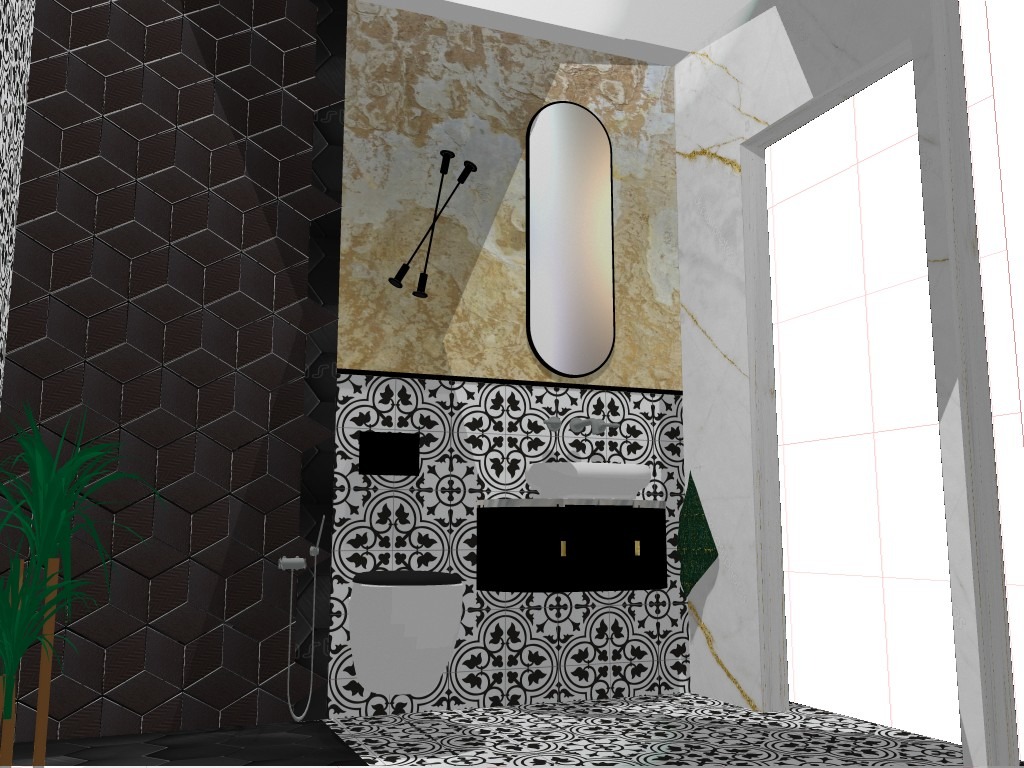 Wizualizacja łazienki z umywalką na szafce, toaletą i lustrem w owalnej ramie, ściany wykończone płytkami w geometryczne wzory i imitacją marmuru.