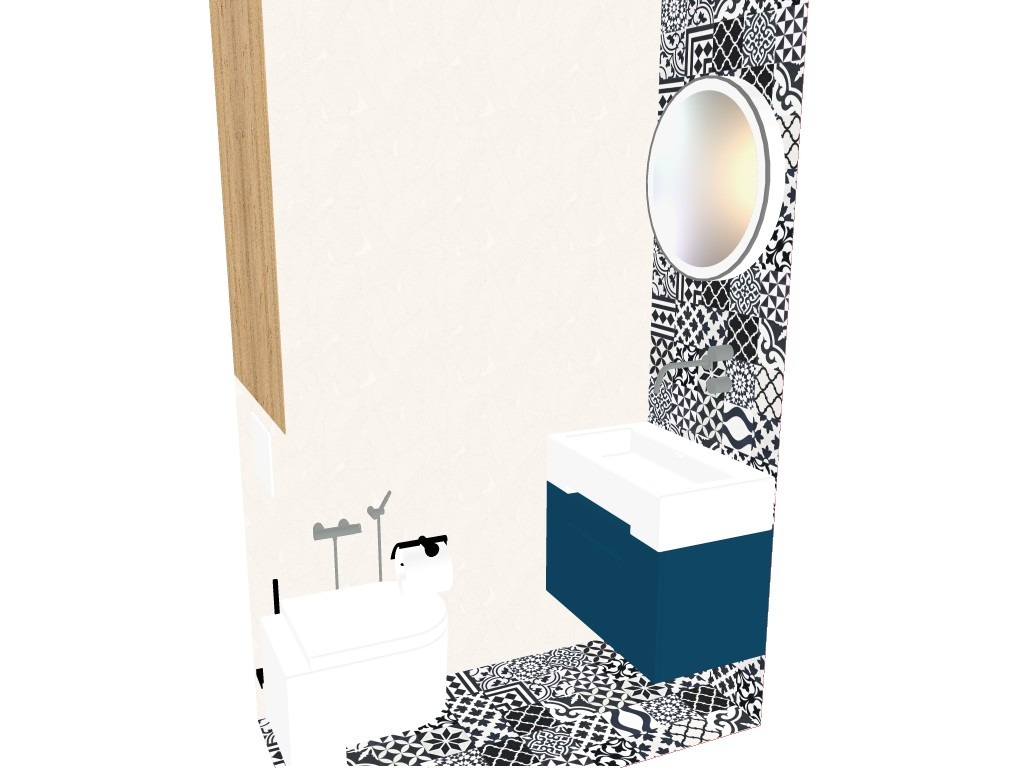 Wizualizacja łazienki z toaletą, umywalką z szafką w kolorze granatowym, okrągłym lustrem i wzorzystymi czarno-białymi płytkami na ścianie i podłodze.