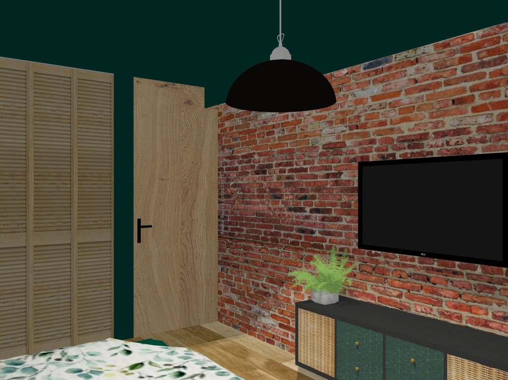 Wizualizacja sypialni z łóżkiem w kwiaty, szafą z lamelami, drewnianymi drzwiami, ścianą z czerwonej cegły, czarnym telewizorem i szafką RTV z rośliną doniczkową, oświetloną czarną lampą wiszącą.