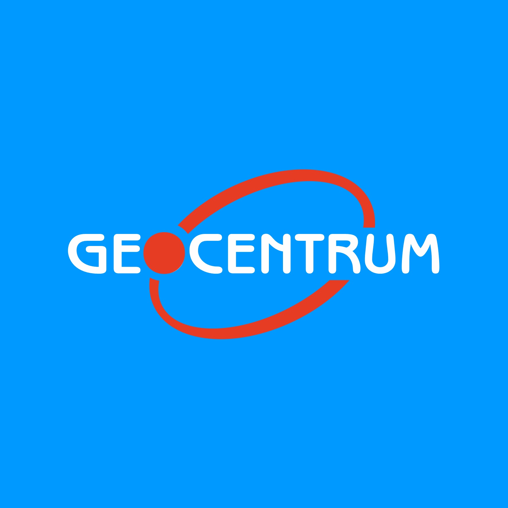 Logo firmy GeoCentrum na błękitnym tle, z białym napisem i pomarańczowym okręgiem