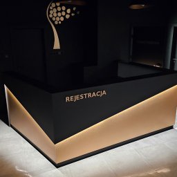 HOLZF - Nowoczesna recepcja z czarnym blatem i złotymi panelami, napis REJESTRACJA, widoczne drzwi z napisem FIZJOTERAPIA i PUNKT POBRAŃ, minimalistyczny design