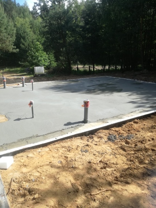 Wylana betonowa płyta fundamentowa pod budynek jednorodzinny z wystającymi pionami instalacji, widok z poziomu gruntu, w tle las.