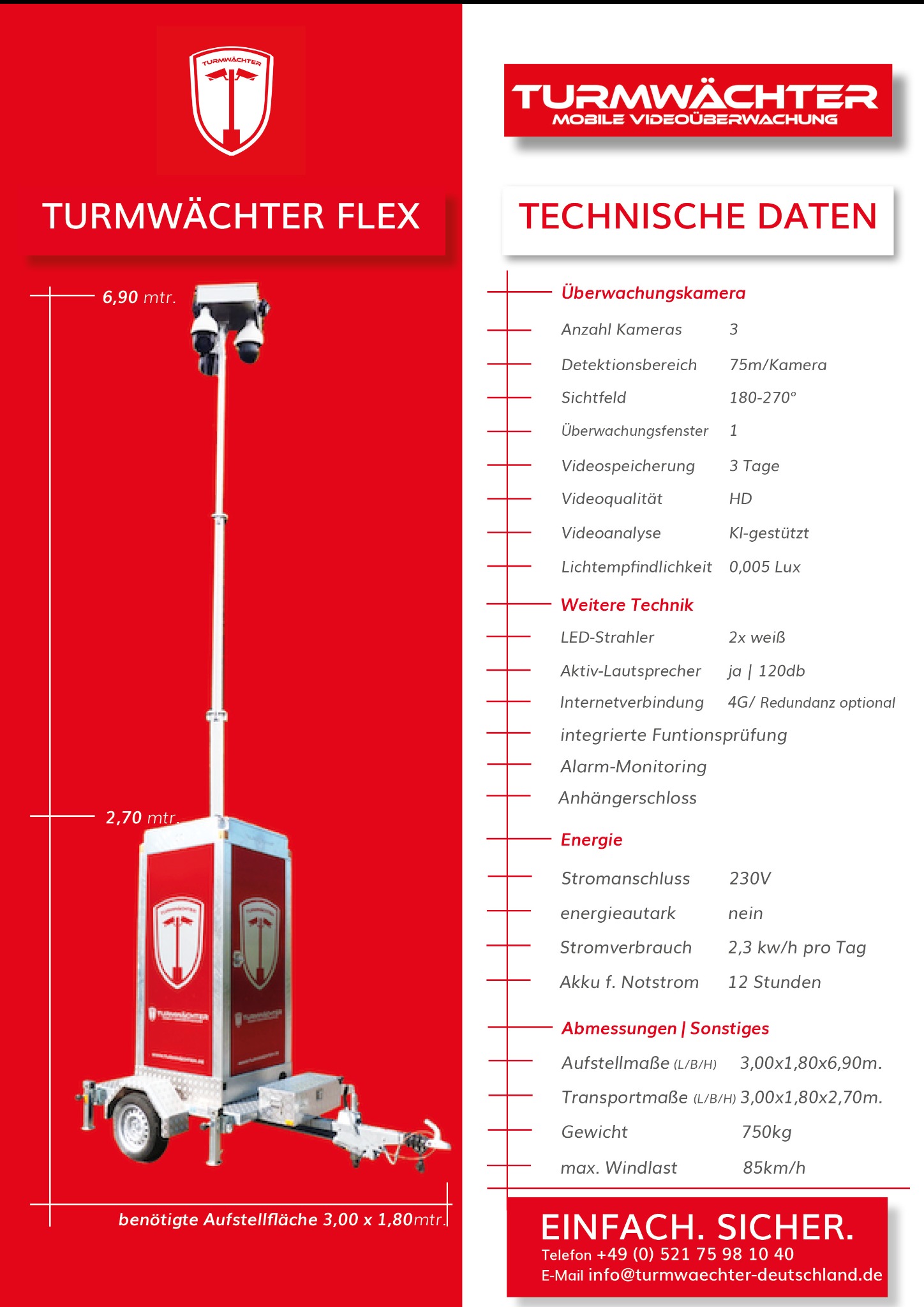 Mobilna wieża monitoringu w kolorze czerwonym z trzema kamerami, wysuwana na wysokość 6,90 metra, zasilana z akumulatora, zintegrowana z alarmem, dane techniczne i kontakt na plakacie.