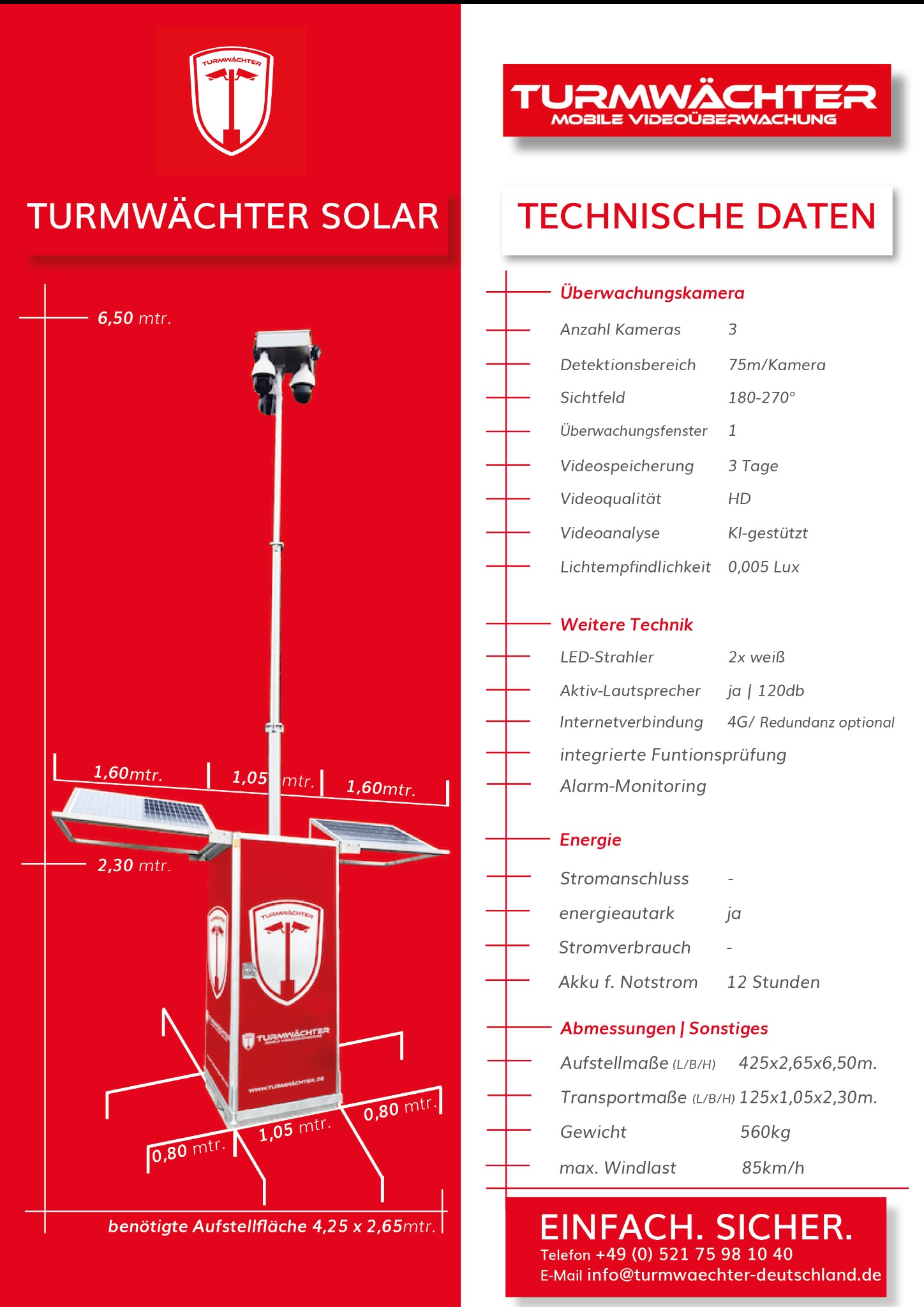 Mobilna wieża monitoringu wideo z trzema kamerami, panelami słonecznymi i specyfikacją techniczną na czerwonym tle.