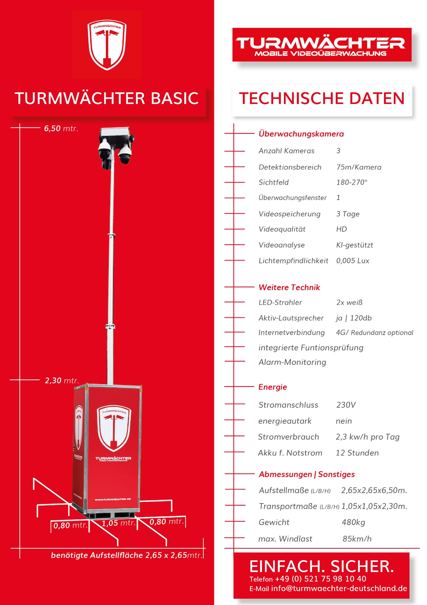 Mobilna wieża monitoringu wizyjnego Turmwächter Basic z trzema kamerami, na czerwonym tle z danymi technicznymi i wymiarami.