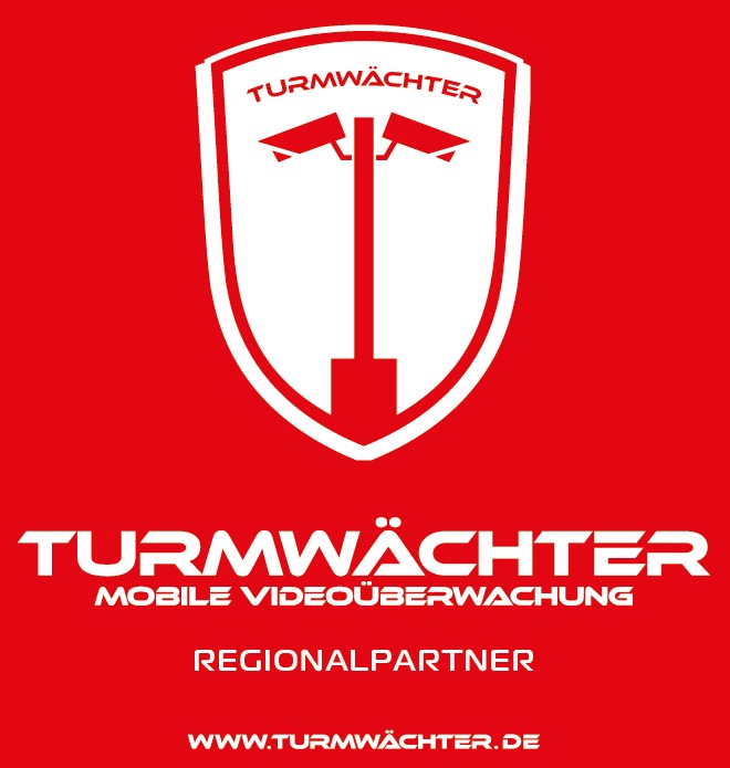 Logo firmy Turmwächter z symbolem dwóch kamer CCTV na białej tarczy, biały tekst na czerwonym tle.