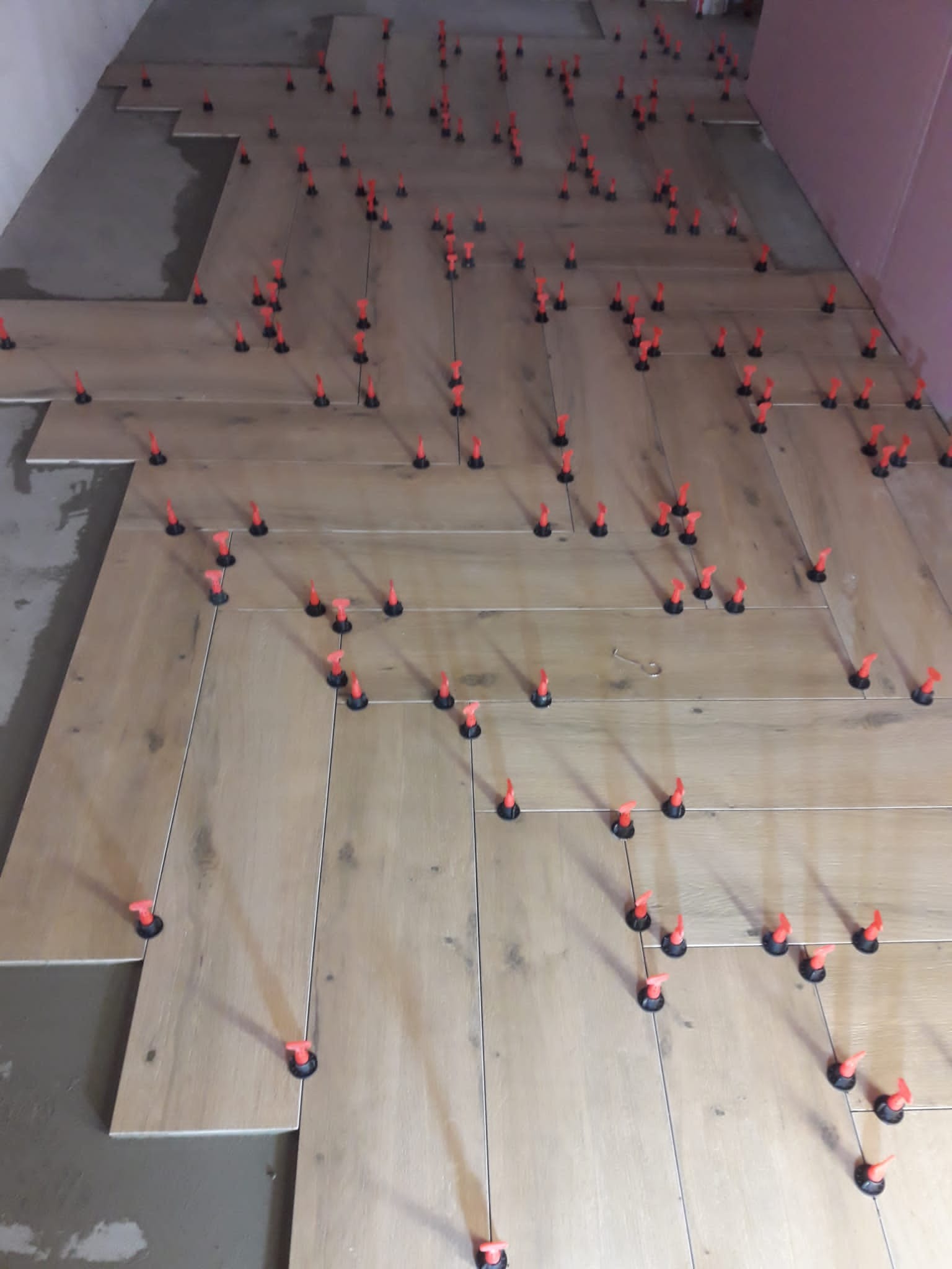 Układanie podłogi z płytek imitujących drewno, z wykorzystaniem systemu poziomowania z czerwonymi klipsami i czarnymi podstawkami, widoczne nierówne podłoże i fragment ściany.